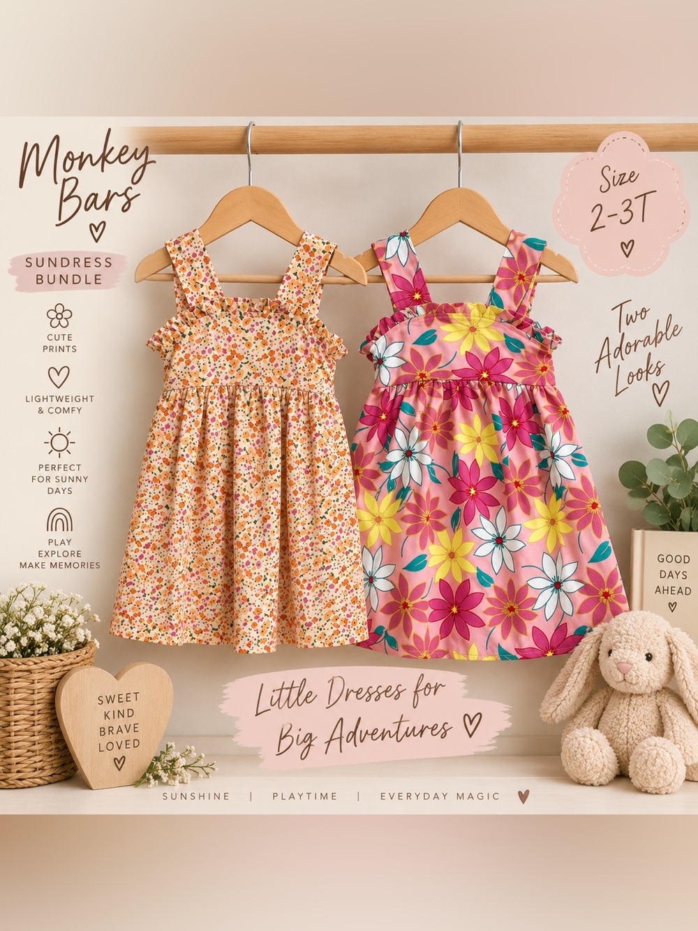 Monkey Bars Girls 2–3T Floral Sundress Bundle – 2 Piece Sun Dresses